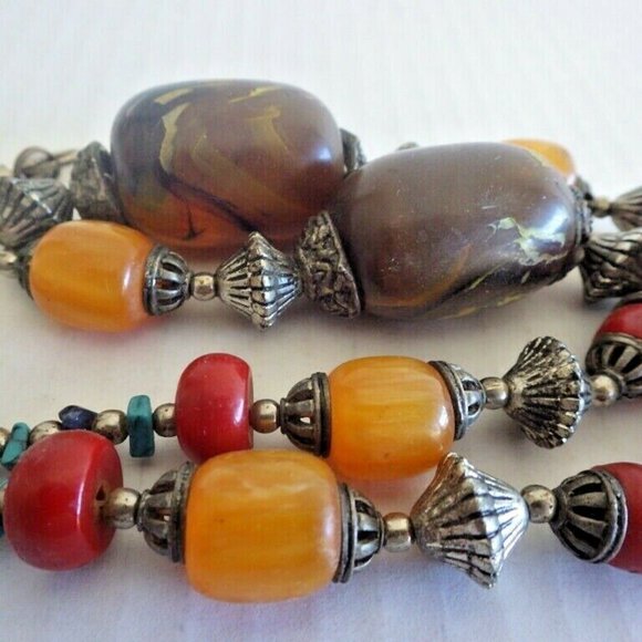 VINTAGE MONIES GERDA LYNGGAARD AMBER BAKELITE TURQUOISE BARREL BEADED NECKLACE - Picture 5 of 8